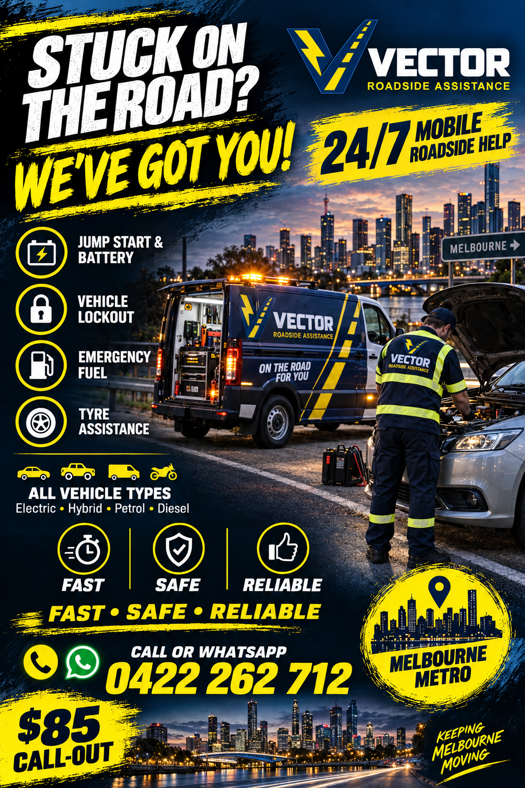 VECTOR Roadside Assistance advertisement for 24/7 mobile roadside help in Melbourne