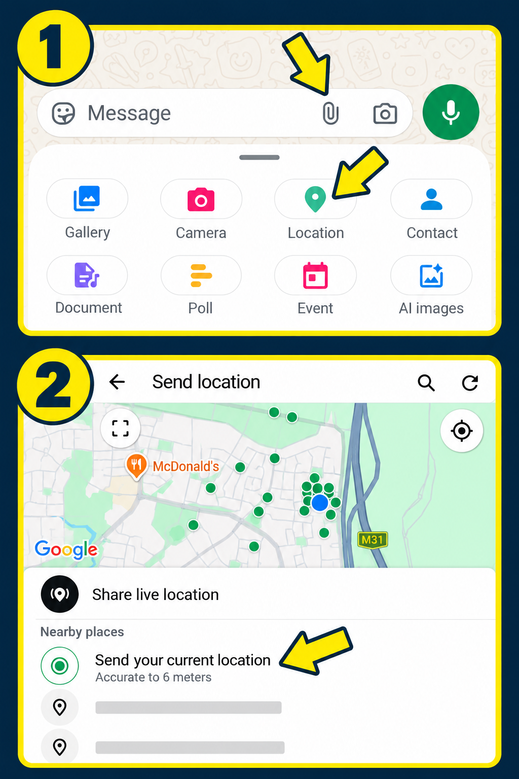 Two-step guide showing how to share your current location with VECTOR Roadside Assistance on WhatsApp